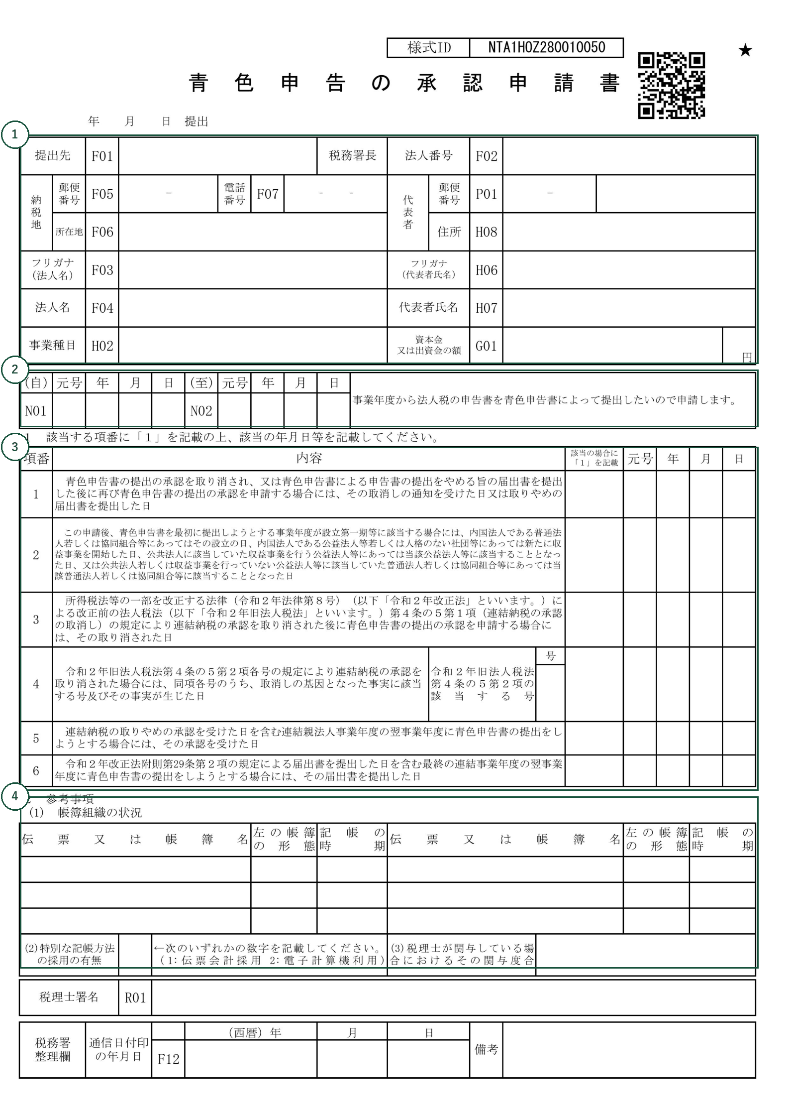青色申告の承認申請書の様式。①から④の番号が下の表と対応しています