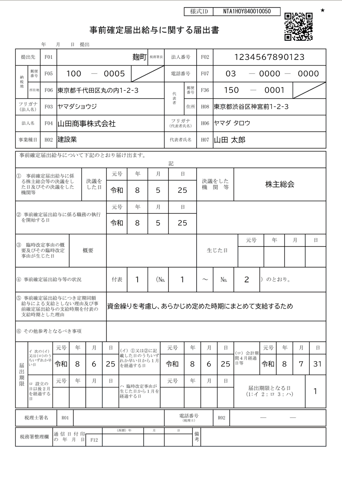 見本の数字で作った「事前確定届出給与に関する届出書」。国税庁の様式に、会社の情報・株主総会の決議日・職務執行期間・届出期限などが記入されている