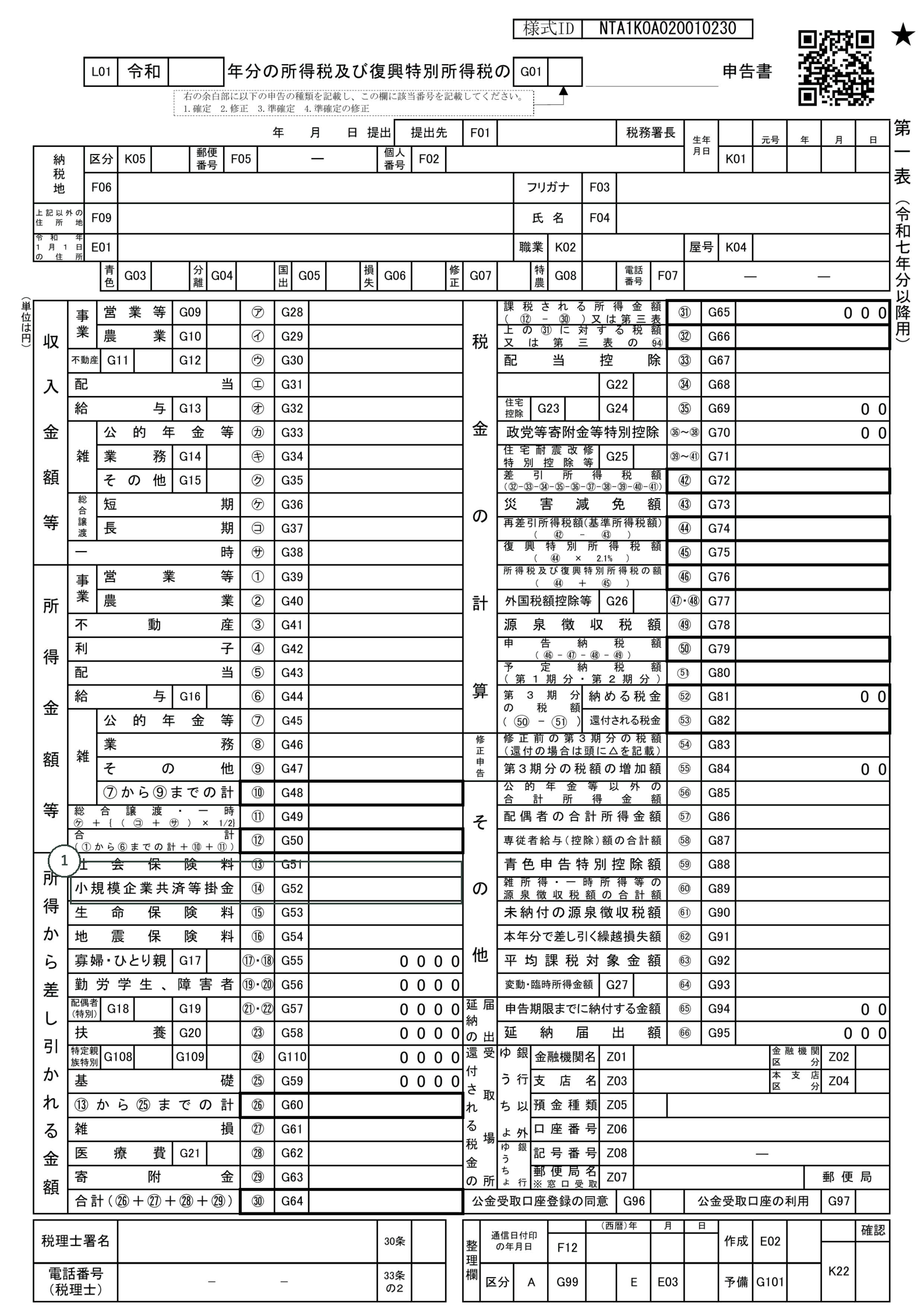 所得税の確定申告書 第一表の様式。①の番号が下の表と対応しています